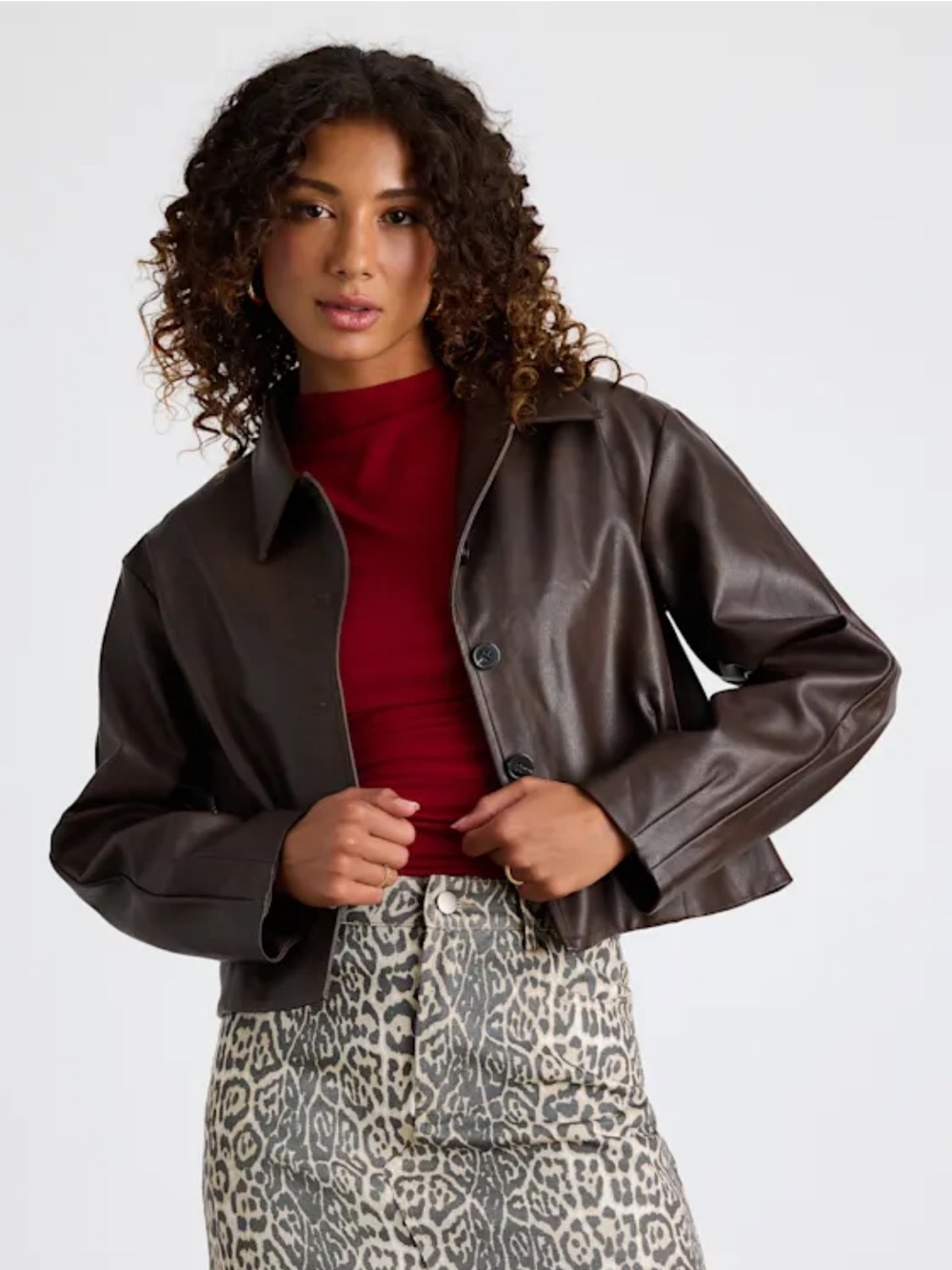 Lulus Mariely Brown Vegan Leather Button-Front Cropped Jacket